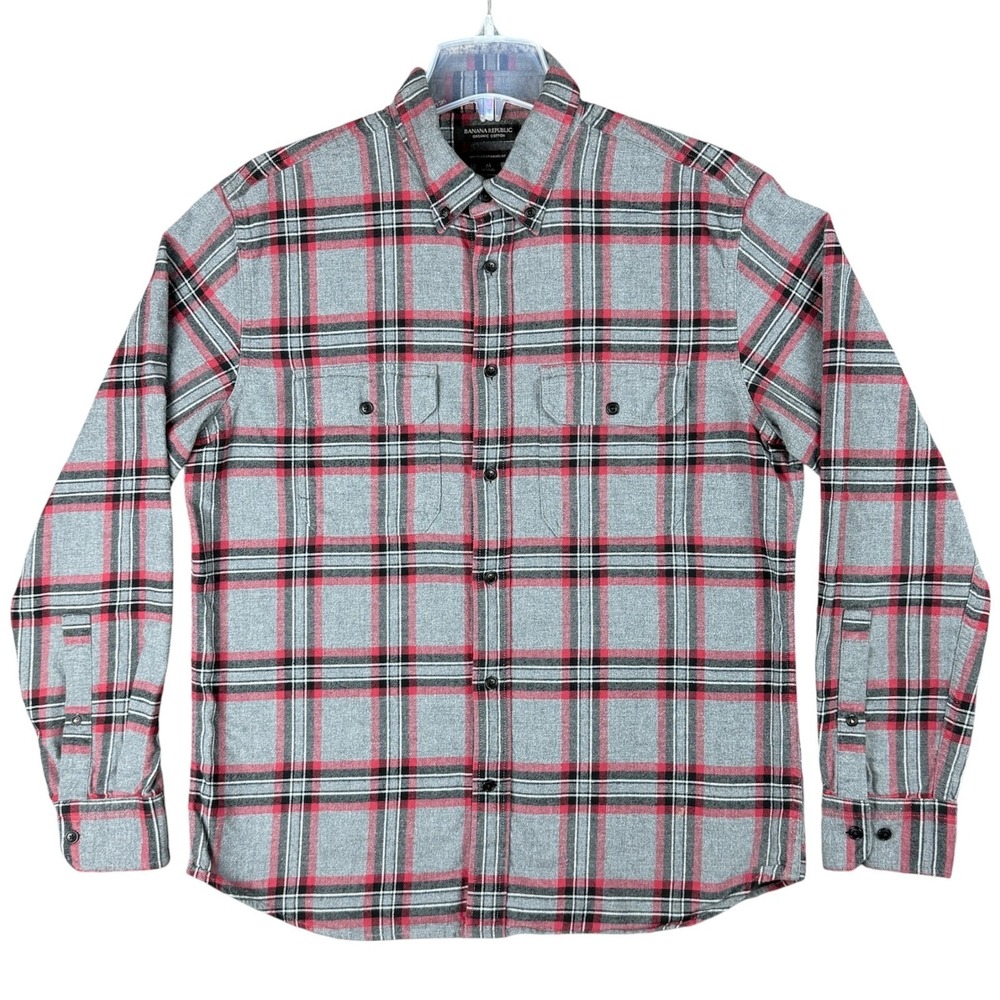 Banana Republic Men's M Grey Red Plaid Organic Cotton Flannel Shirt Untucked Fit